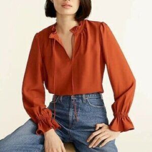 J Crew Gathered Ruffle Blouse Deep Ember Size Extra Small NWT